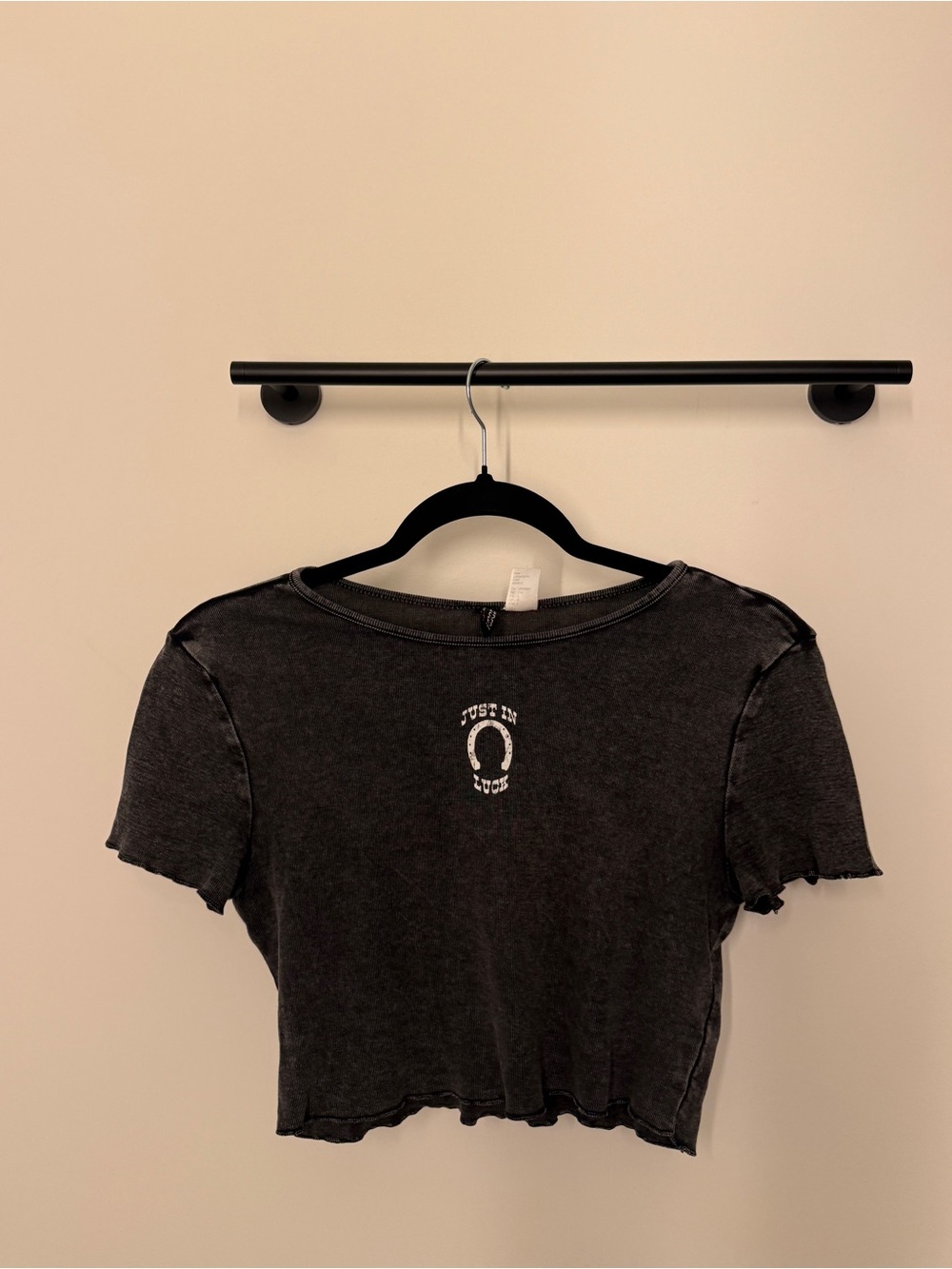 H&M Washed Black Just in Luck Cropped Tee with White Horseshoe Graphic